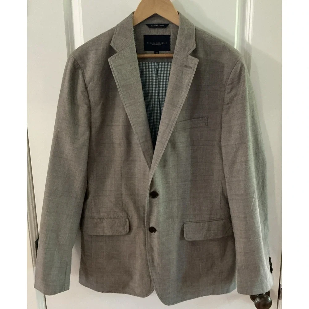 Banana Republic Tailored Fit Blazer 40R Gray‎ Glen Plaid Cotton Stretch